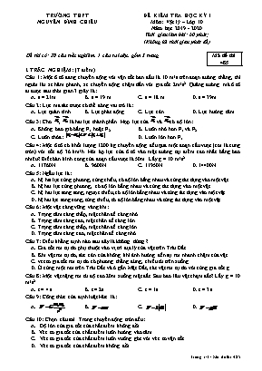 Đề kiểm tra học kỳ I môn Vật lý Lớp 10 - Mã đề 485 - Năm học 2019-2020 - Trường THPT Nguyễn Đình Chiểu